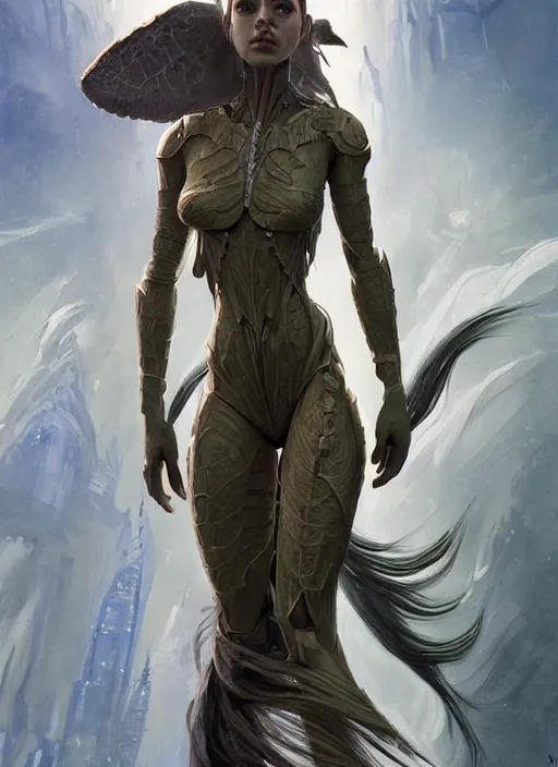 Image similar to a professional painting of a beautiful young female alien, clothed in ethereal armor, olive skin, long dark hair, beautiful bone structure, symmetrical facial features, intricate, elegant, digital painting, concept art, smooth, sharp focus, illustration, from Valerian and the City of a Thousand Planets, by Ruan Jia and Mandy Jurgens and Artgerm and William-Adolphe Bouguerea