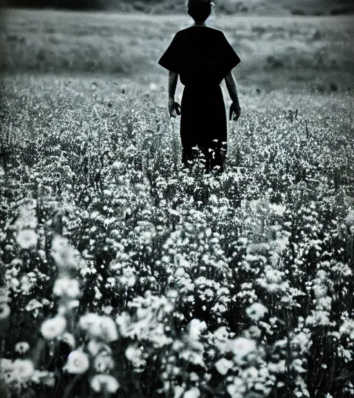 Prompt: mystical dark death god standing in tall meadow of flowers, distant, vintage film photo, grainy, high detail, high resolution