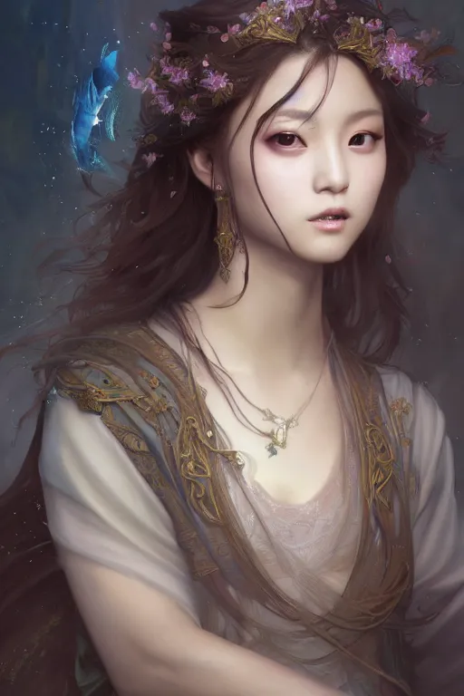 Image similar to beautiful and holy and divine young heroine portrait like twice tzuyu+smoky eyes+front face with light flowing hair, ultradetail face, art and illustration by tian zi and craig mullins and WLOP and alphonse mucha, fantasy, intricate complexity, human structure, human anatomy, fantasy character concept, watermark, blurry, hyperrealism 8k