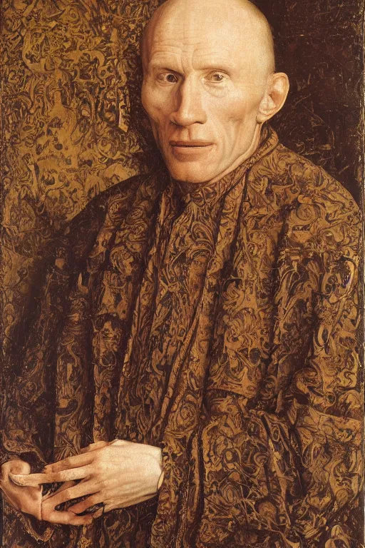 Image similar to portrait of ed harris, oil painting by jan van eyck, northern renaissance art, oil on canvas, wet - on - wet technique, realistic, expressive emotions, intricate textures, illusionistic detail