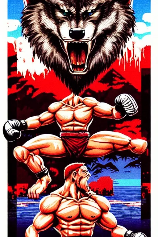 Image similar to extreme long shot. 8 bit nes graphics. antropomorphic muscular masculine wolf. kickboxer fighter, in shorts. angry wolf head. fine details, very sharp, art from nes game cartridge, 8 0's, vhs artefacts, vaporwave style, marc simonetti and hermann nitsch.