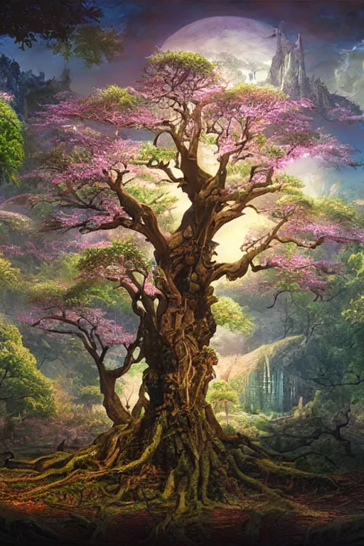 Image similar to tree of life, four seasons, volymetric light, highly detailed matte painting by ohrai, charlie bowater and mark brooks