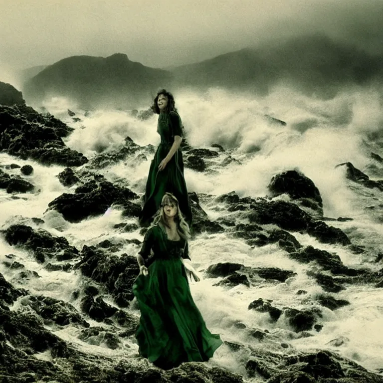 Image similar to dark and moody 1 9 7 0's artistic technicolor spaghetti western film, a large huge group of women in a giant billowing wide long flowing waving white dresses, standing inside a green mossy irish rocky scenic landscape, crashing waves and sea foam, volumetric lighting, backlit, moody, atmospheric, fog, extremely windy, soft focus