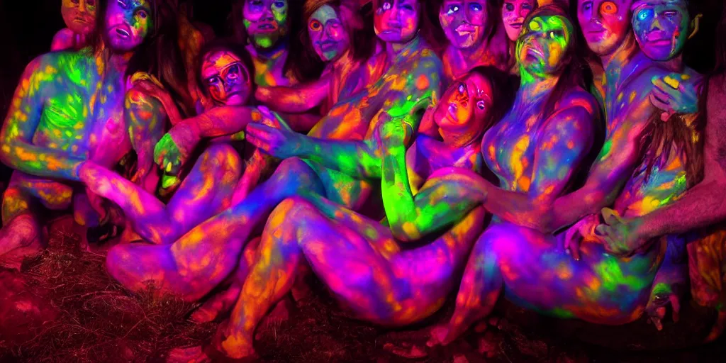 Prompt: love, people with glowing body paint, rebirth symbolism, wide angle, cinematic atmosphere, elaborate, UV, Blacklight, highly detailed, dramatic lighting