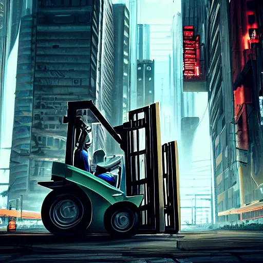 Image similar to Beatiful cyberpunk photograph of a forklift driving down a cyberpunk city