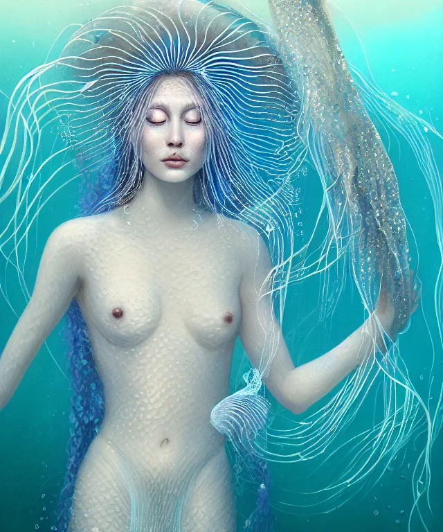 Image similar to underwater portrait of a goddess mermaid with (reaction diffusion) scaled fish skin Bioluminescent phoenix jellyfish, energy rays, Her breath shot a haze of steam out into the frosty morning air concept, soft light, soft mood, realistic body features and face, illustration,intricate ornament halo, painting oil on canvas by Elena Zhurikhina and Goro Fujita and Charlie Bowater, octane render trending on artstation, 4k, 8k, HD