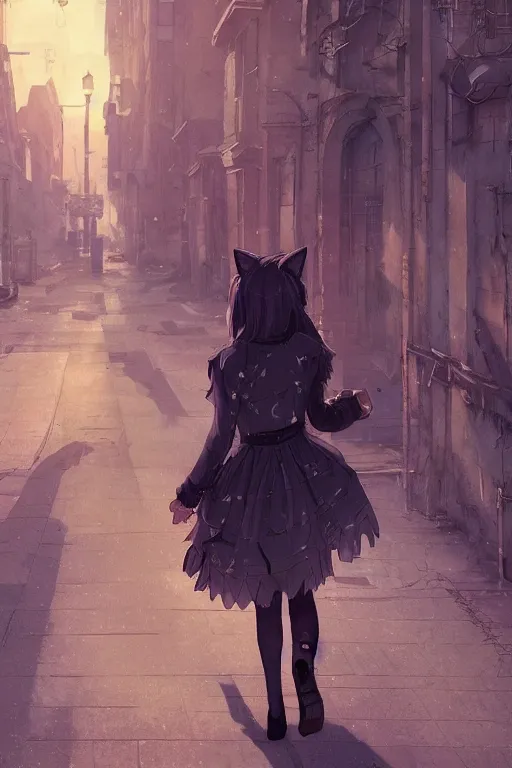 Prompt: a woman with cat ears in a lace dress and thigh highs walking in a dark soviet city, digital illustration, beautiful face, volumetric, by makoto shinkai, by yoshitaka amano, by greg rutkowski, by dan mumford, highly detailed, composition, 4 k, forward facing pose, detailed street, photorealism, octane render