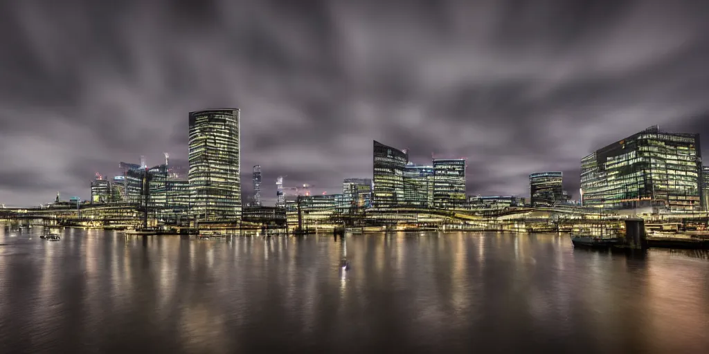 Image similar to high quality night photograph of Docklands in London, dimly lit cirrus clouds, long exposure, architecture photography, ultrawide image