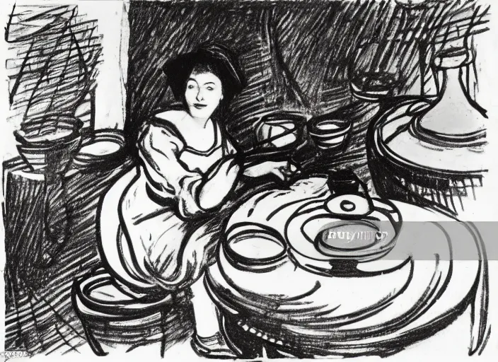 Image similar to abstract stylized pen and ink drawing on white paper of a woman sitting at a pottery wheel working on a vase, john singer sargent, van gogh, miro, vermeer