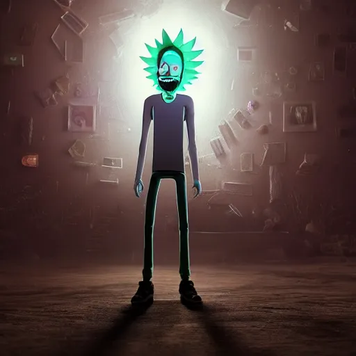 Image similar to full body pose, hyperrealistic photograph of rick sanchez from rick and morty, dim volumetric lighting, 8 k, octane beautifully detailed render, extremely hyper detailed, intricate, epic composition, cinematic lighting, masterpiece, trending on artstation, very very detailed, stunning, hdr, smooth, sharp focus, high resolution, award, winning photo, dslr, 5 0 mm