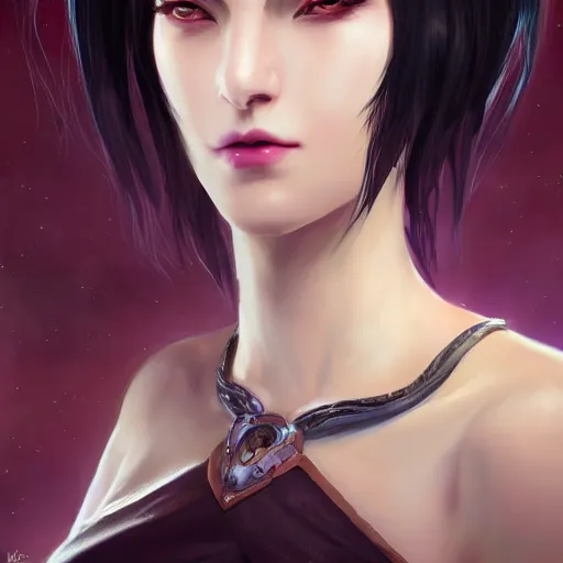 Image similar to tall woman with black hair and pale skin, from league of legends, as human, au naturel, hyper detailed, digital art, trending in artstation, cinematic lighting, studio quality, smooth render, unreal engine 5 rendered, octane rendered, art style by klimt and nixeu and ian sprigger and wlop and krenz cushart!