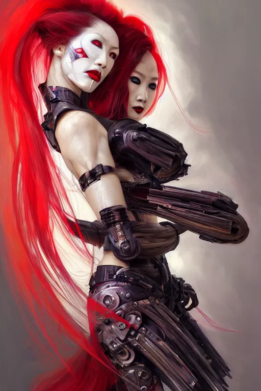 Prompt: > professional dynamtic portrait of a single agile geisha cyberpunk style in a dynamic pose , armor elements , long red hair, beautiful bone structure, symmetrical facial features, intricate, elegant, digital painting, concept art, smooth, sharp focus, illustration, by Ruan Jia and Mandy Jurgens , and mucha, and Artgerm and William-Adolphe Bouguerea