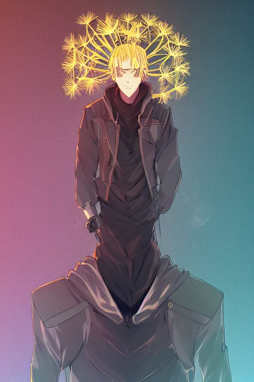 Image similar to amber glowing luminescent dandelion male anime character, symmetrical, highly detailed, digital art, sharp focus, trending on art station, amber eyes, autumnal colours