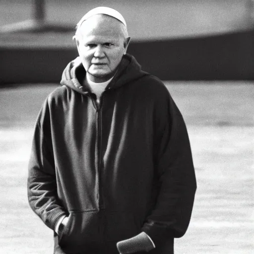 Image similar to john paul ii standing in a black hoodie, black cargo pants and high black boots, evening, dark