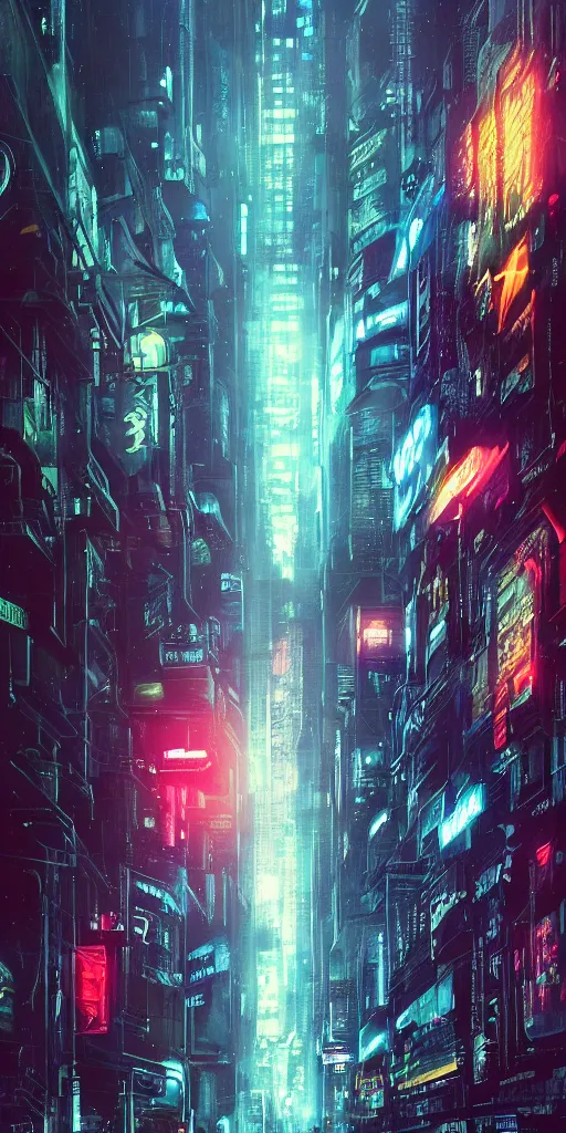 Image similar to hyper realistic cyberpunk cityscape,neon,rain,blade runner, looming surreal sky, stars,moon, 8k,cinematic lighting, detailed oil painting, by tristan eaton,Stanley Artgermm,Tom Bagshaw,Greg Rutkowski,Carne Griffiths,trending on DeviantArt,chillwave,minimalist,cybernetic, android, blade runner,full of colour