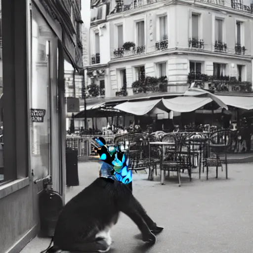 Image similar to a rabbit sitting outside a cafe in paris at night, the eiffel tower is visible in the background, black and white photograph