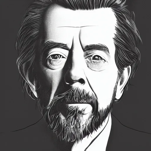 Prompt: a detailed portrait of alan watts, grayscale