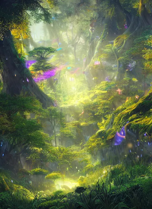 Prompt: glowwave drawing of humongous enchanted forest biome from genshin impact, au naturel, hyper detailed, digital art, trending in artstation, cinematic lighting, studio quality, smooth render, unreal engine 5 rendered, octane rendered, art style by klimt and nixeu and ian sprigger and wlop and krenz cushart.