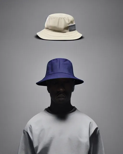 Prompt: Yeezy designed bucket hat, model, studio photography, clothing drop, unreleased, Yzy, YZY GAP, Balenciaga, minimalist, dystopian feel