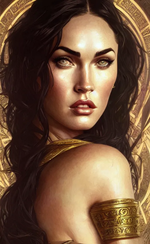 Image similar to portrait of megan fox as the goddess circe, greek mythology, intricate, headshot, highly detailed, digital painting, artstation, concept art, sharp focus, cinematic lighting, illustration, art by artgerm and greg rutkowski, alphonse mucha, cgsociety