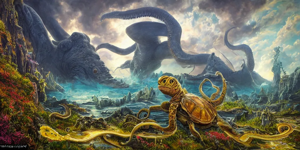 Image similar to fantasy oil painting, great leviathan, cybernetic turtle cephalopod terrapin reptilian pachyderm squid, bella hadid, hybrid, milla jovovich, anubis, epic natural light, lush plants flowers, spectacular mountains, bright clouds, luminous sky, outer worlds, golden hour, michael cheval, edward hopper, michael whelan, vray, hd