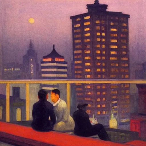 Image similar to a small rooftop with a couple of people sitting and watching the view, shanghai bund is on the background, night, by edward hopper