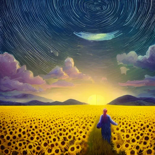 Image similar to huge sunflower as a face, girl walking in wheat field, hills, surreal photography, dark night, star trails, dramatic light, impressionist painting, clouds, digital painting, artstation, simon stalenhag