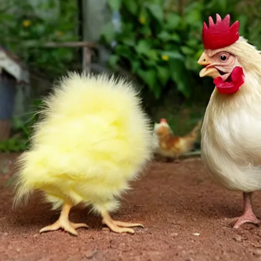 Image similar to a light yellowish downed baby chick is standing beside a rooster and a tiny birthday cake