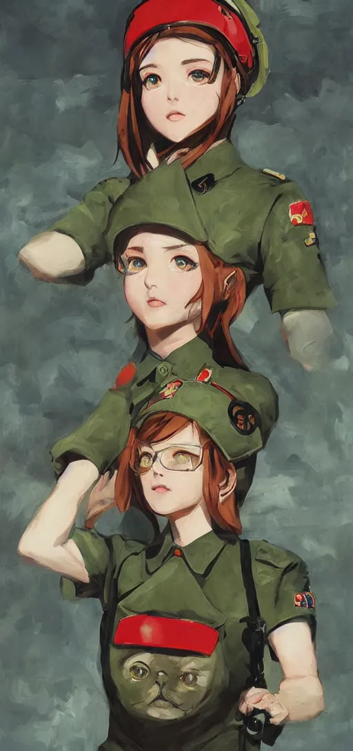 Image similar to oil paining of twentytwo year old female character with ( ( ( cat ears ) ) ) wearing soviet era uniform, wearing a tshirt with a face of karl marx on it, in the style of krenz cushart