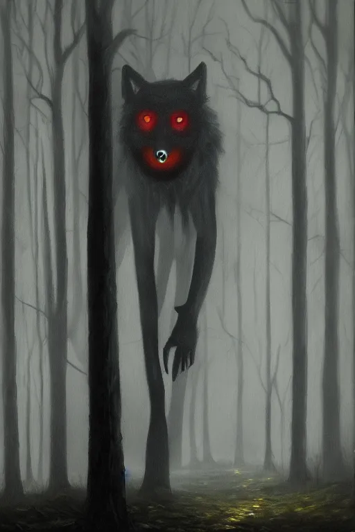 Image similar to dark and spooky woods featuring a menacing werewolf with glowing white eyes. atmospheric, foggy, oil painting on canvas. fairytale