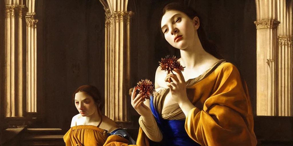 Prompt: beautiful oil matte portrait painting, woman holding a flower inside a cathedral, wonderful masterpiece highly detailed, beautiful cinematic light deep focus, elegant, digital painting, smooth, sharp focus, golden ratio, dramatic illumination, ultra realistic, 8 k, art by artemisia lomi gentileschi and caravaggio