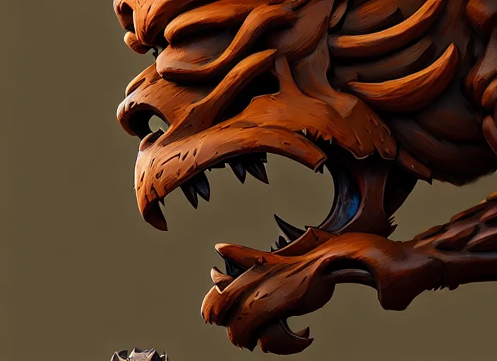 Image similar to brown wooden festeroot lion skull treant head, stylized stl, 3 d render, activision blizzard style, hearthstone style, darksiders art style, greg rutkowski style