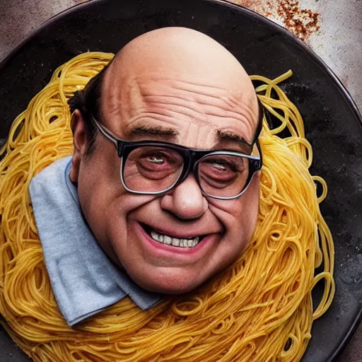 Image similar to hyperrealistic mixed media high resolution image of Danny DeVito as a greasy sauce covered meatball on a plate of spaghetti, stunning 3d render inspired art by István Sándorfi and Greg Rutkowski and Unreal Engine, perfect symmetry, dim volumetric lighting, 8k octane beautifully detailed render, post-processing, extremely hyper-detailed, intricate, epic composition, highly detailed attributes, highly detailed atmosphere, full body shot, cinematic lighting, masterpiece, trending on artstation, very very detailed, masterpiece, stunning, flawless structure, lifelike texture, perfection,