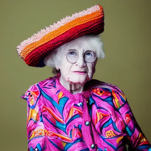 Image similar to an elderly woman dressed in extremely colorful clothes with many strange patterns posing for a high fashion photoshoot, haute couture