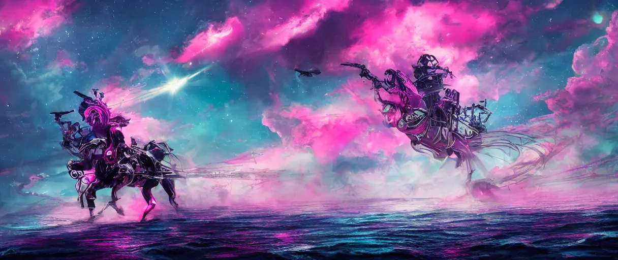 Image similar to space, a horse - drawn, a mechanical horse with a pink mohawk drives a pirate spaceship, punk, hyperdetailed illustration, stars, pink, neon, oil painting, rich deep colors masterpiece, pirate neon ship, ultra detailed, contrast, heaven pink, clouds, volumetric light, atmospheric lighting, dramatic, cinematic, moody, octane render 4 k, 8 k