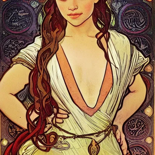 Prompt: Beautiful young girl like Daenerys Targaryen emilia clarke illustrated by alphonse mucha