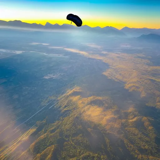 Image similar to A photorealistic image of a skydiver in freefall in front of Mourchevel mountains in astonishing sunset