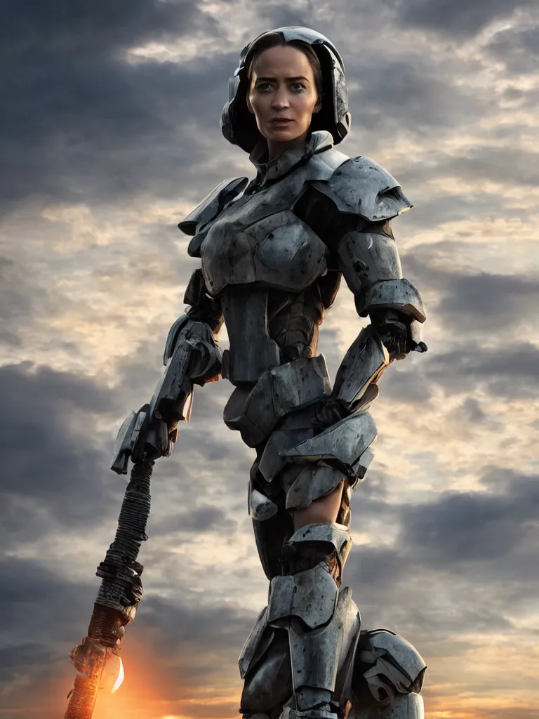 Image similar to emily blunt in futuristic power armor, close up portrait, solitary figure standing atop a pile of rubble, holding a sword on her shoulder, sunset and big clouds behind her