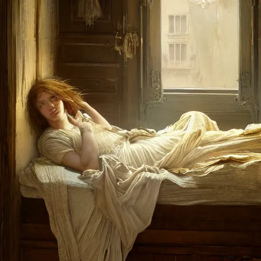 Image similar to portrait of girl in linen clothing falling from the room ceiling into a bed, fantasy character portrait, ultra realistic, concept art, intricate details, highly detailed by greg rutkowski, gaston bussiere, craig mullins, in style of alphonso mucha