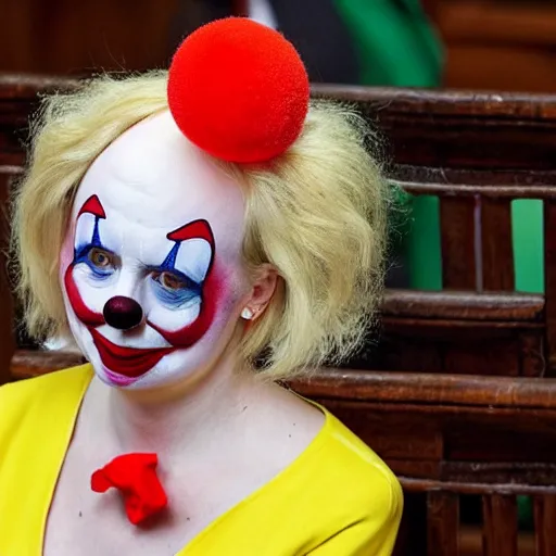 Image similar to conservative mp liz truss sitting in a chair and looking sad and wearing a clown costume, editorial photograph