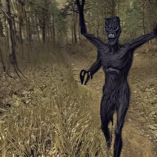 Prompt: trail cam footage of a wendigo, horror, hyper realistic, photorealistic, highly detailed