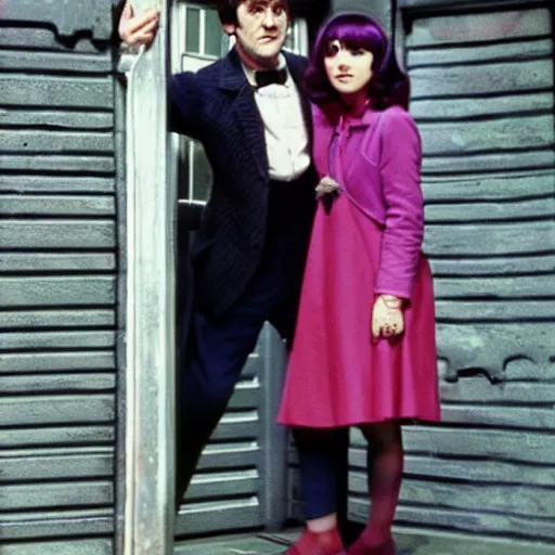 Prompt: The Second Doctor stepping out of the Tardis with his companion Polly, colourised, high definition