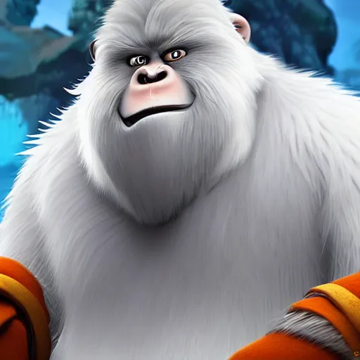 Image similar to digital art of the yeti, a white snow primate, in style of disney animation, expressive face, detailed face, detailed eyes, full body, feminine face, tracer overwatch, disney, pixar