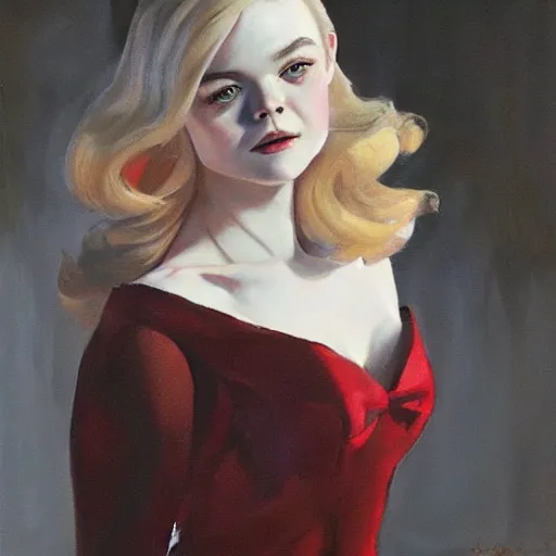 Image similar to ultra realistic portrait painting of elle fanning in mad men, art by frank frazetta, 4 k, ultra realistic, highly detailed, epic lighting