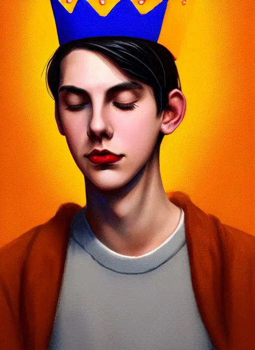 Image similar to portrait of teenage jughead jones wearing a light grey crown, crown, hamburger background, eyes closed, crown, black hair, orange, intricate, elegant, glowing lights, warm lighting, highly detailed, digital painting, artstation, concept art, smooth, sharp focus, illustration, art by wlop, mars ravelo and greg rutkowski