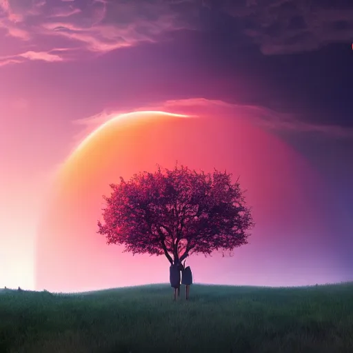 Prompt: sun eclipsed by hexagon, people standing on grassy rolling hills, one tree, dramatic pink clouds, orange sky, jessica rossier, art station