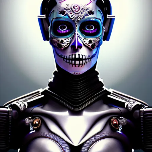 Image similar to ultra detailed, portrait of Female Android, dia de los muertos, scifi, cyberpunk, fantasy, intricate details, eerie, movie still, airbrush, matte painting, professional digital painting, artstation, concept art, smooth, sharp focus, no blur, no dof, extreme illustration, Unreal Engine 5, Photorealism, HD quality, 8k resolution, cinema 4d, 3D, beautiful, cinematic, art by artgerm and Godmachine and michael welan and DZO and greg rutkowski and alphonse mucha and loish and WLOP