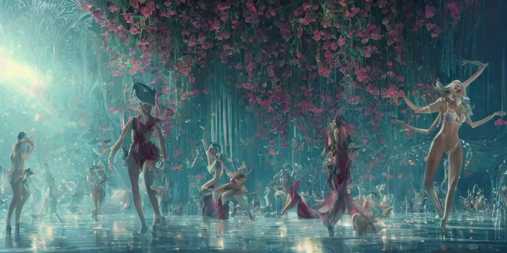 Prompt: victoria secret runway show, light, shadows, reflections, flowers, epic composition, intricate, elegant, volumetric lighting, digital painting, highly detailed, artstation, sharp focus, illustration, concept art, ruan jia, steve mccurry, james jean, peter andrew jones, greg rutkowski, raymond swanland, concept art, iconic