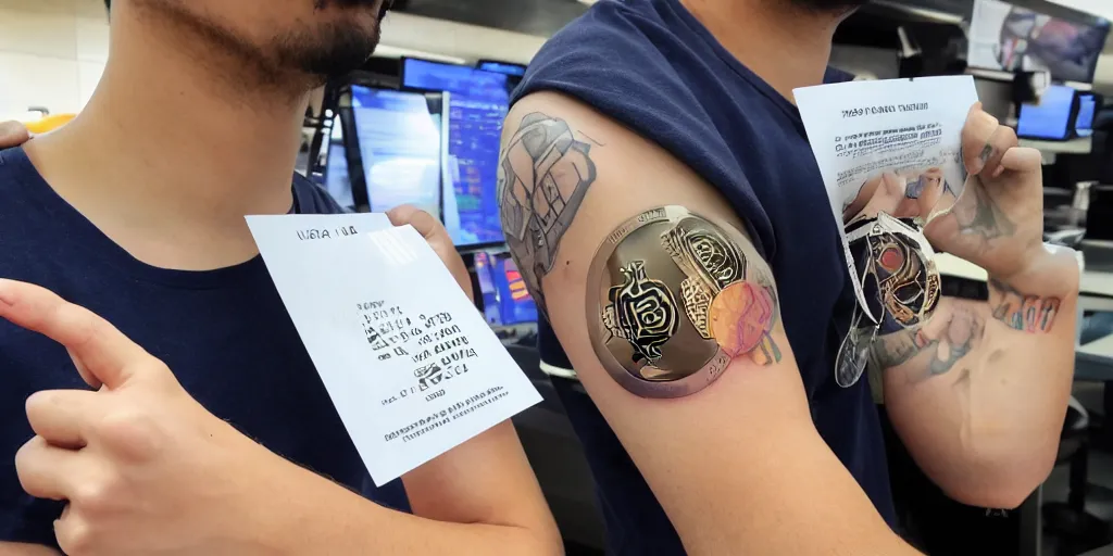 Image similar to ex crypto currency trader working in mcdonals, with bitcoin, etherum, zcoin, usdt tatoos on him arms