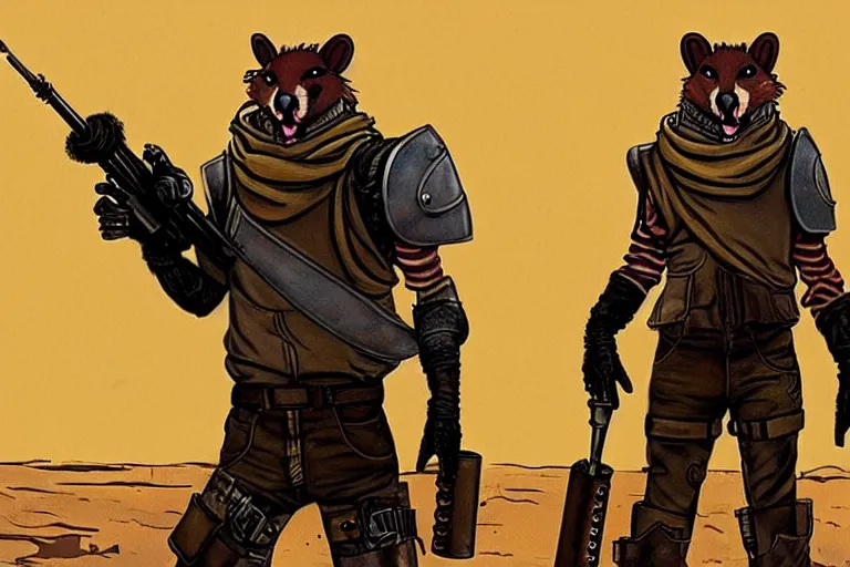 Image similar to a good ol'weasel fursona ( from the furry fandom ), heavily armed and armored facing down armageddon in a dark and gritty version from the makers of mad max : fury road. witness me.